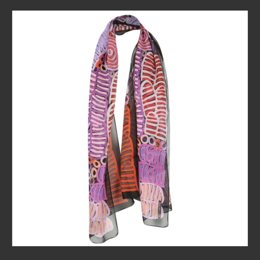 Outstations Aboriginal Art Pure Silk Chiffon Scarf -Bush Melon by Betty Mbitjana